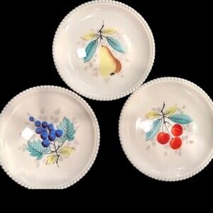 Westmoreland Milk Glass Beaded Edge 3 Painted Fruit Plates‎ Pear Cherry Grape